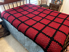 Vintage Crochet Throw Afghan Blanket 60×78 Deep Red Squares Outlined in Black