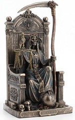 8 5″ Santa Muerte Goddess of Death on Throne w Scythe Scale Bronze Color Statue