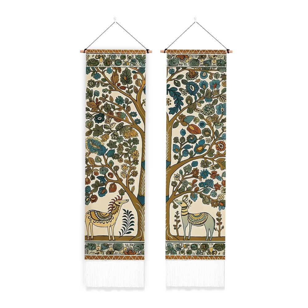 2 Pack Deer and Tree Vertical Tapestry, Folk Art Style Wall Tapestry with Tas…