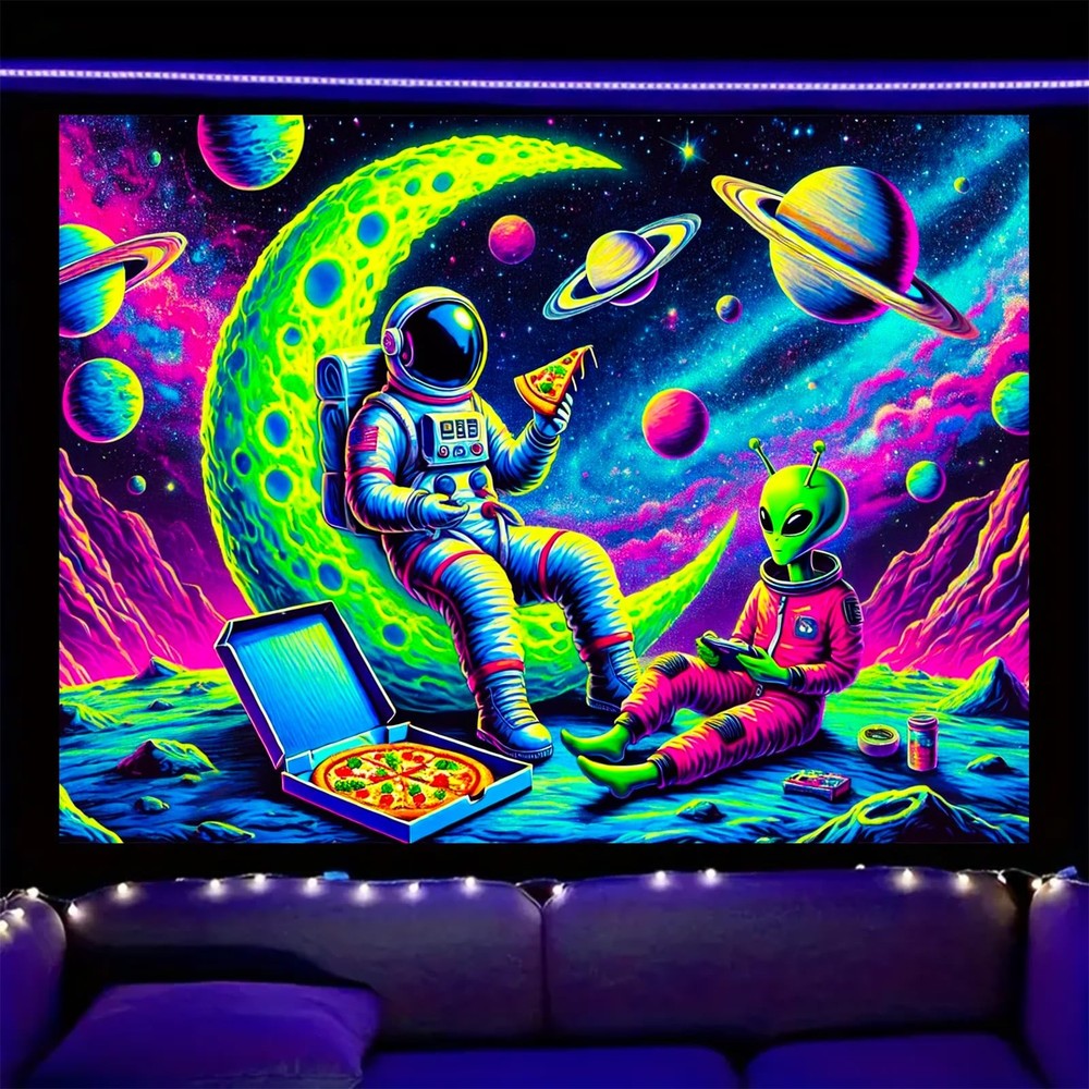 Blacklight Tapestry Wall Tapestry 78.74×59.05inch UV Neon Astronaut & Space Moti