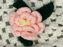 Vintage Handmade Crochet Afghan Throw Blanket White 3D Pink Roses Cottage Core