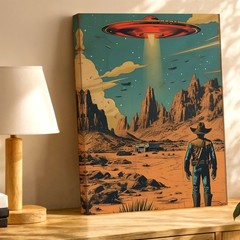 Wall Art Retro Sci Fi Desert Cowboy UFO Spaceship Poster Western Landscape Print