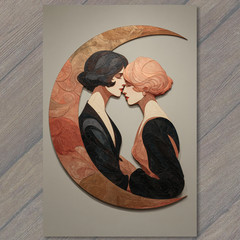 Art Print Two Women Crescent Moon Embrace Art Deco Style Romantic Feminine Elega