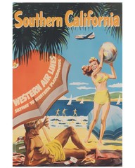 Southern California Vintage Retro Travel Poster Western Air Lines Beach Art
