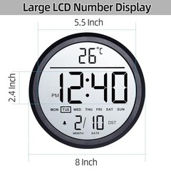 8″ Round LCD Digital Wall Clock Battery Operated with Temperature and Black