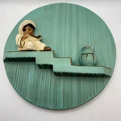 Vintage Mid Century Chalkware Wall Plaques Set of 2 Asian Figures Teal Gold 8.5″
