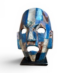 Vintage Mexican Stone Mosaic Mask Lapis Lazuli Abalone Aztec Mayan Folk Art 8in