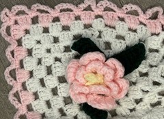 Vintage Handmade Crochet Afghan Throw Blanket White 3D Pink Roses Cottage Core