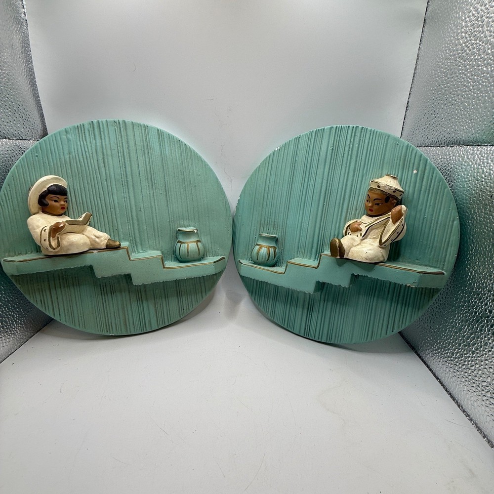 Vintage Mid Century Chalkware Wall Plaques Set of 2 Asian Figures Teal Gold 8.5″