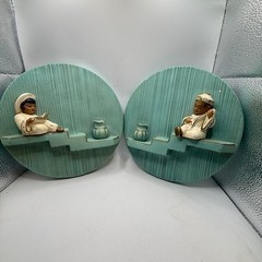 Vintage Mid Century Chalkware Wall Plaques Set of 2 Asian Figures Teal Gold 8.5″