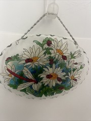 Vintage Glass Suncatcher Daisies Ladybugs Dragonfly Window Hanging 9×6.5
