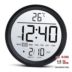 8″ Round LCD Digital Wall Clock Battery Operated with Temperature and Black