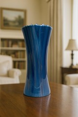 Handblown Art Glass Vase Blue Swirl Marble Pattern 8″ Studio Italy Style Vtg