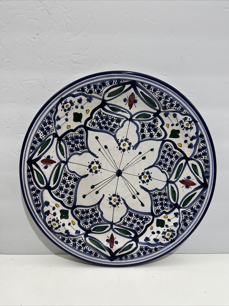 Vintage Colorful Hand Crafted Tunisian Ceramic Floral Plate 12.5” D