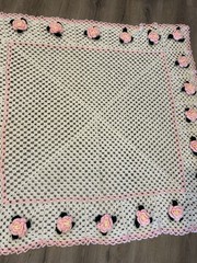 Vintage Handmade Crochet Afghan Throw Blanket White 3D Pink Roses Cottage Core