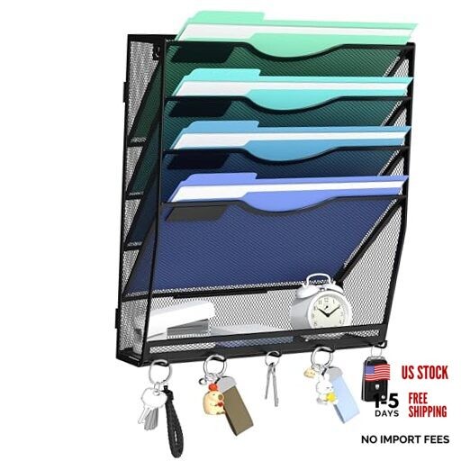 5-Tier Hanging Wall File Organizer with 5 Hooks – Wall Mounted Mail 4+1 Tier