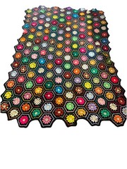 vintage 70s Black FLOWER POWER 3d Knit AFGHAN day glo hexagons granny squares