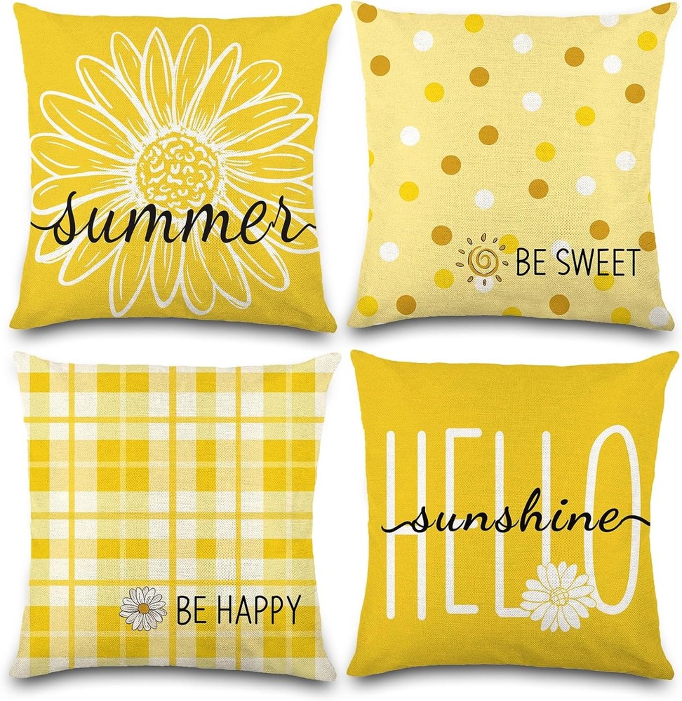 4 Pack Summer Daisy Pillow Covers Decor 18×18 Inch Hello Summer Sunshine Yellow