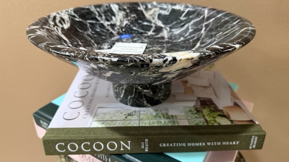 Large Handcrafted Footed Organic Marble Decorative Bowl Carved In Pakistan