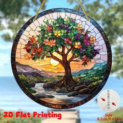 Tree of Life Landscape Round Acrylic Suncatcher Window Hanging Home Garden Decor