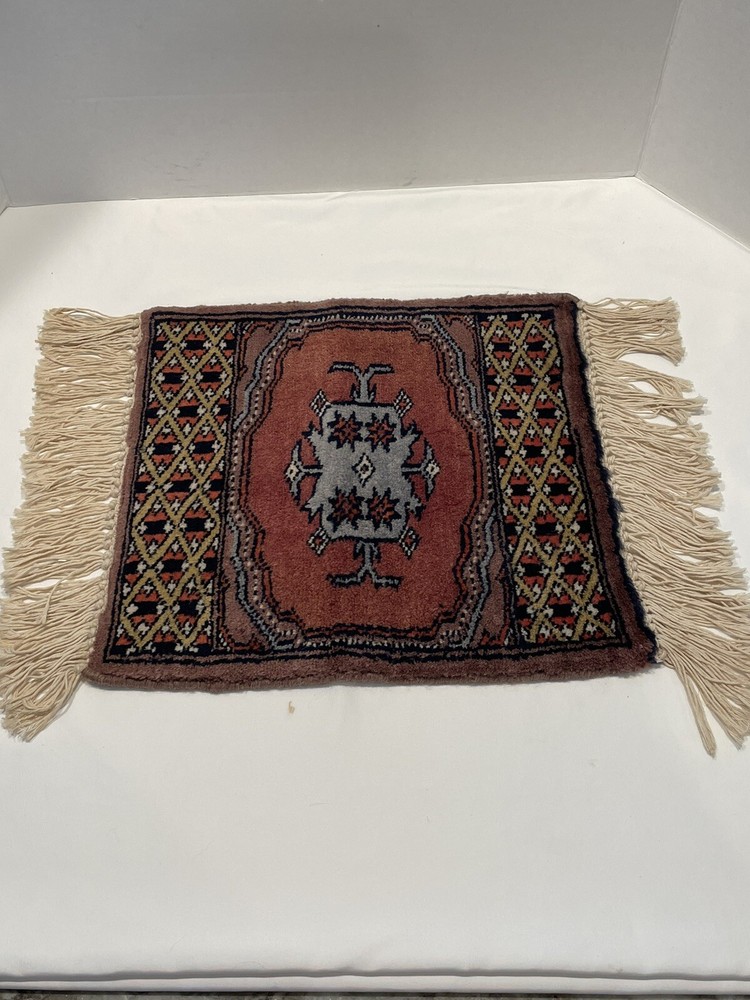 Vintage 12”x18” Woven Fringed High Pile Tiny Rug Wall Hanging Ethnic Boho Decor