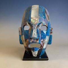 Vintage Mexican Stone Mosaic Mask Lapis Lazuli Abalone Aztec Mayan Folk Art 8in