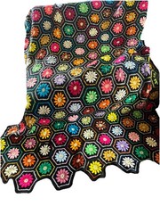 vintage 70s Black FLOWER POWER 3d Knit AFGHAN day glo hexagons granny squares