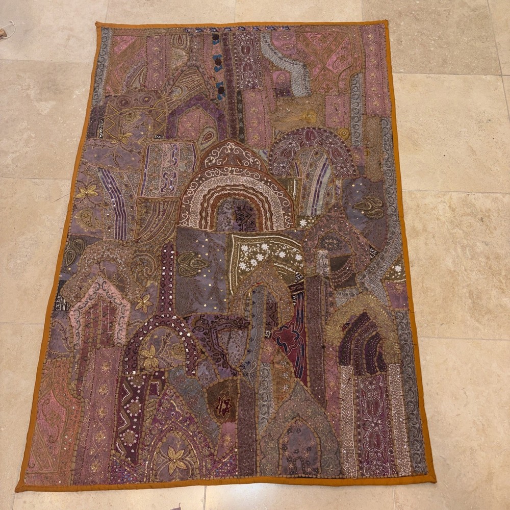Vintage Indian Embroidered Patchwork Wall Hanging – Mirror Work – 59” x 40”