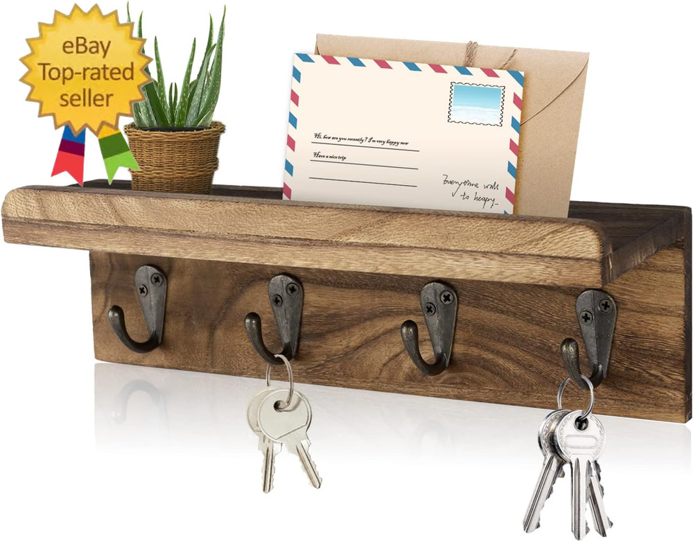 Rustic Key Holder for Wall, Farmhouse Wall Shelf with 4 Hooks, Wall Mounted Key