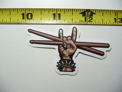 DRUMMER SMALL STICKER DECAL DEVIL SIGN HAND DRUMSTICKS SPIKE WRISTBAND MUSIC