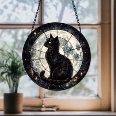 Black Cat Stained Glass Suncatcher With Moon Window Decor