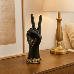 Decorative Peace Sign Hand Sculpture – 10.5″ Black & Gold Rose Accent Statue