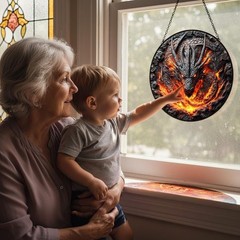 Fire Dragon Glass Suncatcher Round Stained Glass Style Window Hanging Decor Home