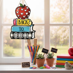 Smile Back to School Wooden Door Sign – Apple, Pencil & Book Stack Wall Decor fo
