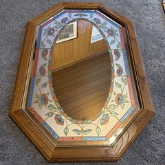 Vintage Octagon Floral Accent Mirror Framed Wood Multicolor Wall Mounted RARE