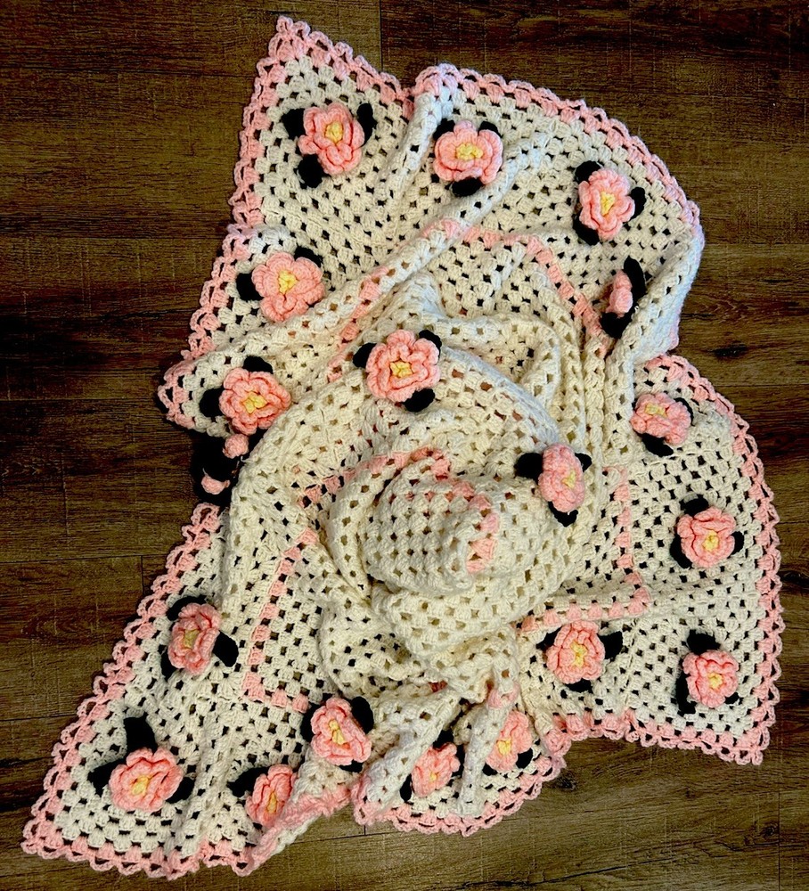 Vintage Handmade Crochet Afghan Throw Blanket White 3D Pink Roses Cottage Core