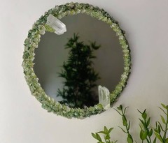 30” Aventurine, Peridot & Quartz Round Mirror | Handmade Crystal Wall Mirror