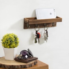 MyGift Dark Brown Wood Entryway Hanging Storage Shelf with 4 Metal Key Hooks