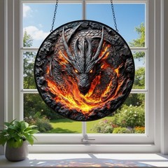 Fire Dragon Glass Suncatcher Round Stained Glass Style Window Hanging Decor Home