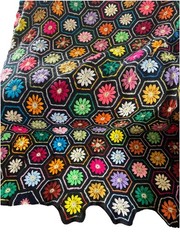 vintage 70s Black FLOWER POWER 3d Knit AFGHAN day glo hexagons granny squares