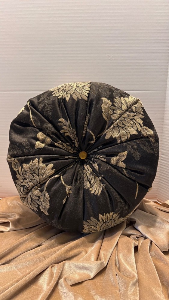 Elegant Tufted Black & Gold Round Decorative Throw Pillow
