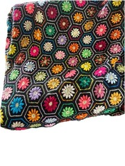 vintage 70s Black FLOWER POWER 3d Knit AFGHAN day glo hexagons granny squares