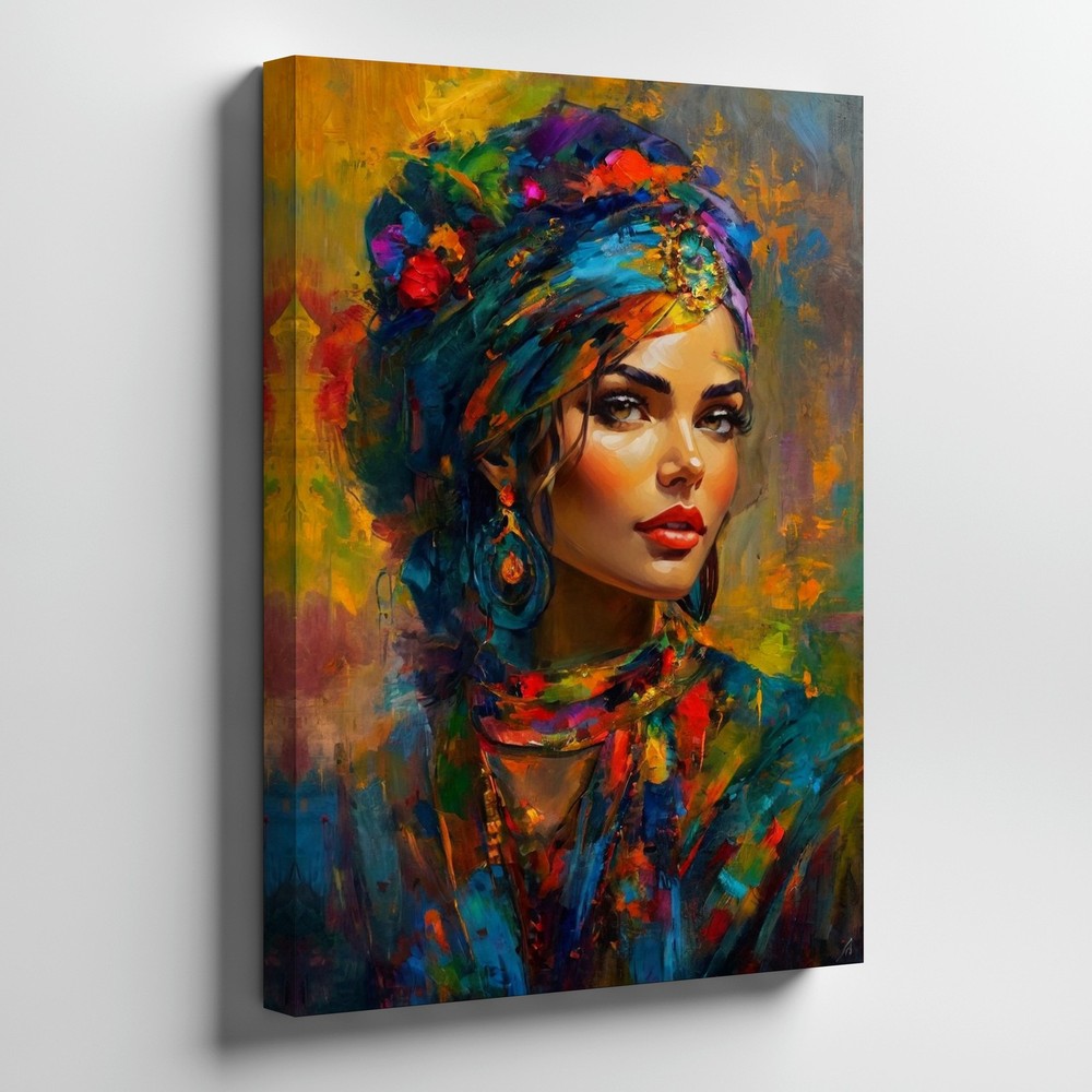 Colorful Turban Woman Portrait Canvas Wall Art Ethnic Abstract Painting Home