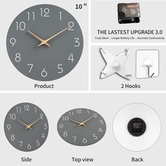 10in Wall Clock Silent Non-Ticking Gray Wood Modern for Kitchen and Office