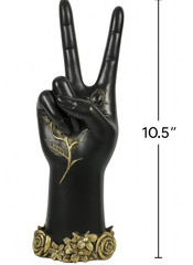Decorative Peace Sign Hand Sculpture – 10.5″ Black & Gold Rose Accent Statue