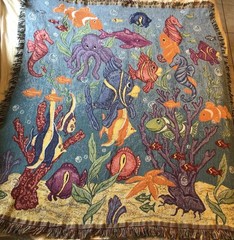 Vintage Underwater Ocean 48×60” Colorful Fish Seahorse Octopus Tapestry Blanket
