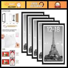 12×18 Picture Frame Set of 5 – Display 11×17 with Mat or 12×18 Without, Black Wa