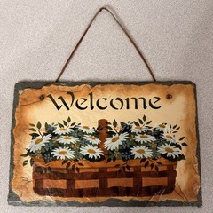 Vtg Slate Hand Painted Welcome Sign Floral Basket Wall Decor Signed 12×8 Daisies