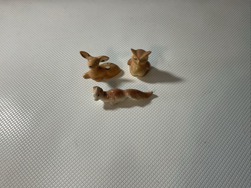 Lot of 3 Vintage Animal Figures – Deer, Owl, Fox (Broken Ears) – 2″ Miniature