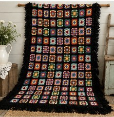 Vintage Granny Square Crochet Blanket Multicolor Black Fringe Bohemian Rectangle